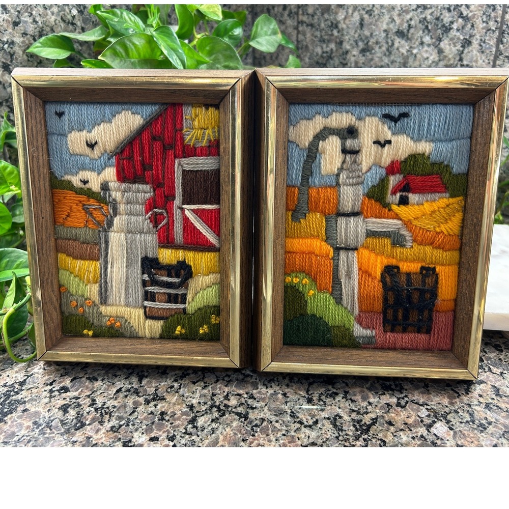Vintage Framed Crewel Embroidery Farm Art Pair Red Barn Water Pump Rustic Decor